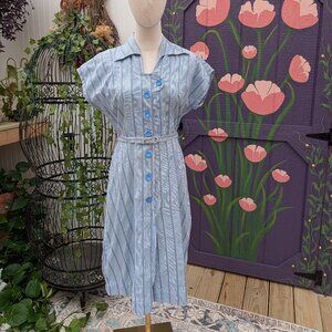 Vintage 1940's Blue Pinstriped Cotton Day Dress with Sunburst Buttons, AS IS